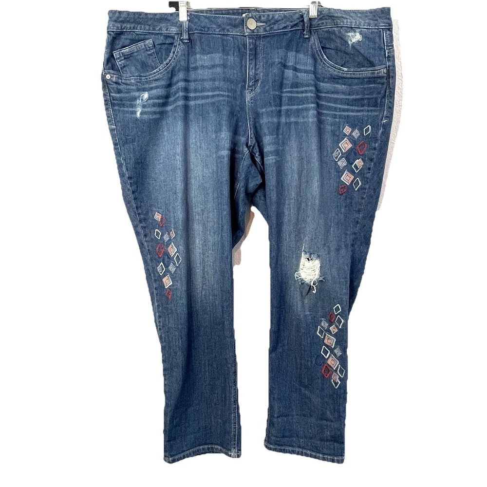 Democracy Embroidered Girlfriend Slim Ankle Jeans Size 22 Blue Womens Distressed